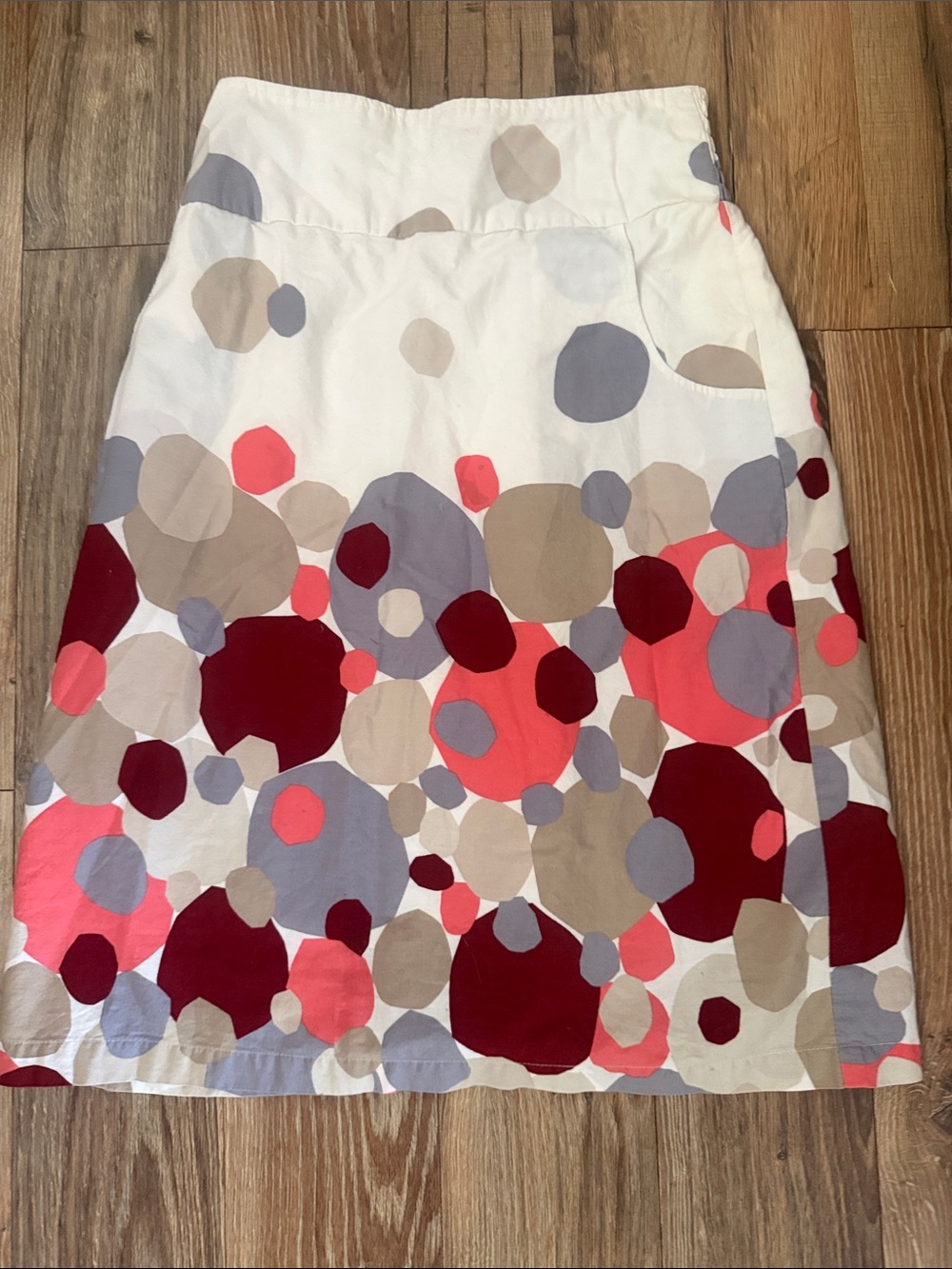 DownEast White A-Line Skirt with Coral, Burgundy and Taupe Dot Print